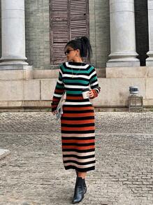 SHEIN Clasi Women Elegant Colorblock Striped Knitted Long Dress Maxi Sweater Dress Fall Cloth For Women