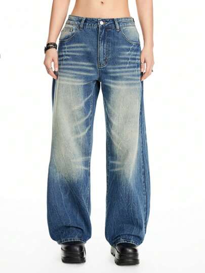 Grunge Punk Jean ample style vintage avec effet délavé et fissures éclair distressées