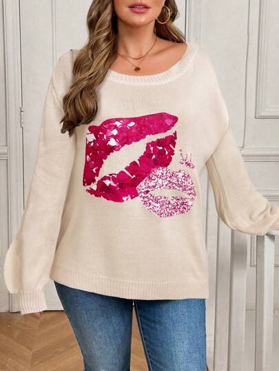 SHEIN LUNE Plus Size Women Black Boat Neck Plus Size Lip Print Casual Pullover Sweater For Autumn, For Winter