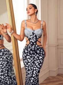 House of Dani.B Robe longue sirène sexy avec découpes sur la taille, dos nu, imprimé gris. Idéale pour les vacances, les fêtes, les anniversaires, les festivals, les bals