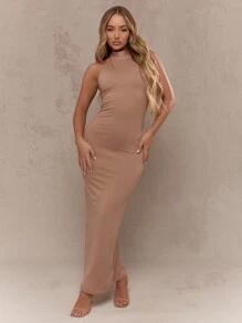 MISSGUIDED Polo Halter Back Tie Neck Backless Maxi Dress