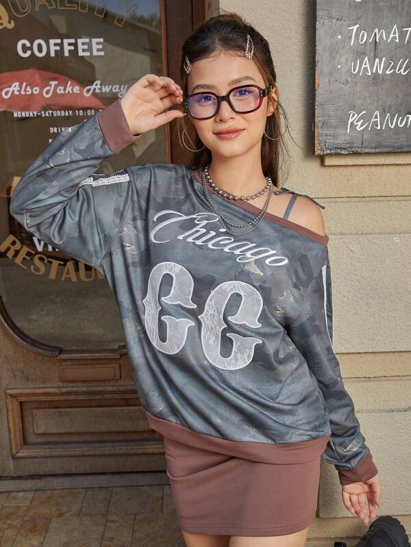 SHEIN Modisches amerikanisches Streetstyle Sweatshirt & Rock Set für Teenager Mädchen, Spitzen-Stickerei, lässiges und vielseitiges Outfit für Frühling & Herbst