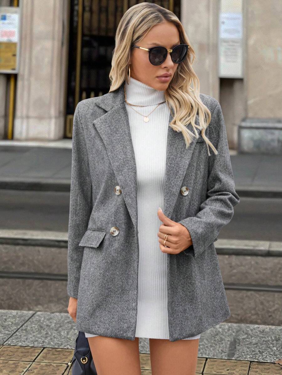 SHEIN Clasi Hahnentrittmuster, doppelreihiger, eleganter Pendlermantel mit Langarm, Herbst/Winter - Dunkelgrau - Übersicht 1