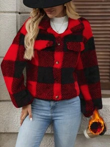 SHEIN Clasi 女式双面格子羊毛领夹克 - 酒紅色 - 查看 3