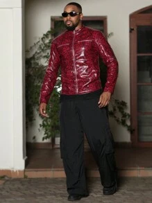 Manfinity VCAY Chaqueta informal holgada de manga larga con estampado de piel de pitón tejida, estilo juvenil de moda para hombres