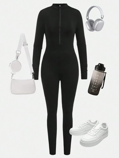 SHEIN Girlism Teen Girl's Basic Long-Sleeved Zip-Up Jumpsuit, Suitable For Shopping, Streetwear, Loungewear, Fall Clothes