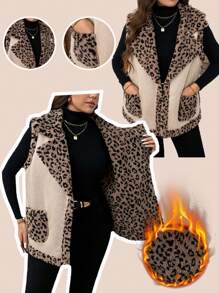 SHEIN LUNE 大码豹纹羊毛背心外套，秋冬，休闲日常穿着，老钱，感恩节装扮节日装扮保暖 - 彩色 - 查看 1