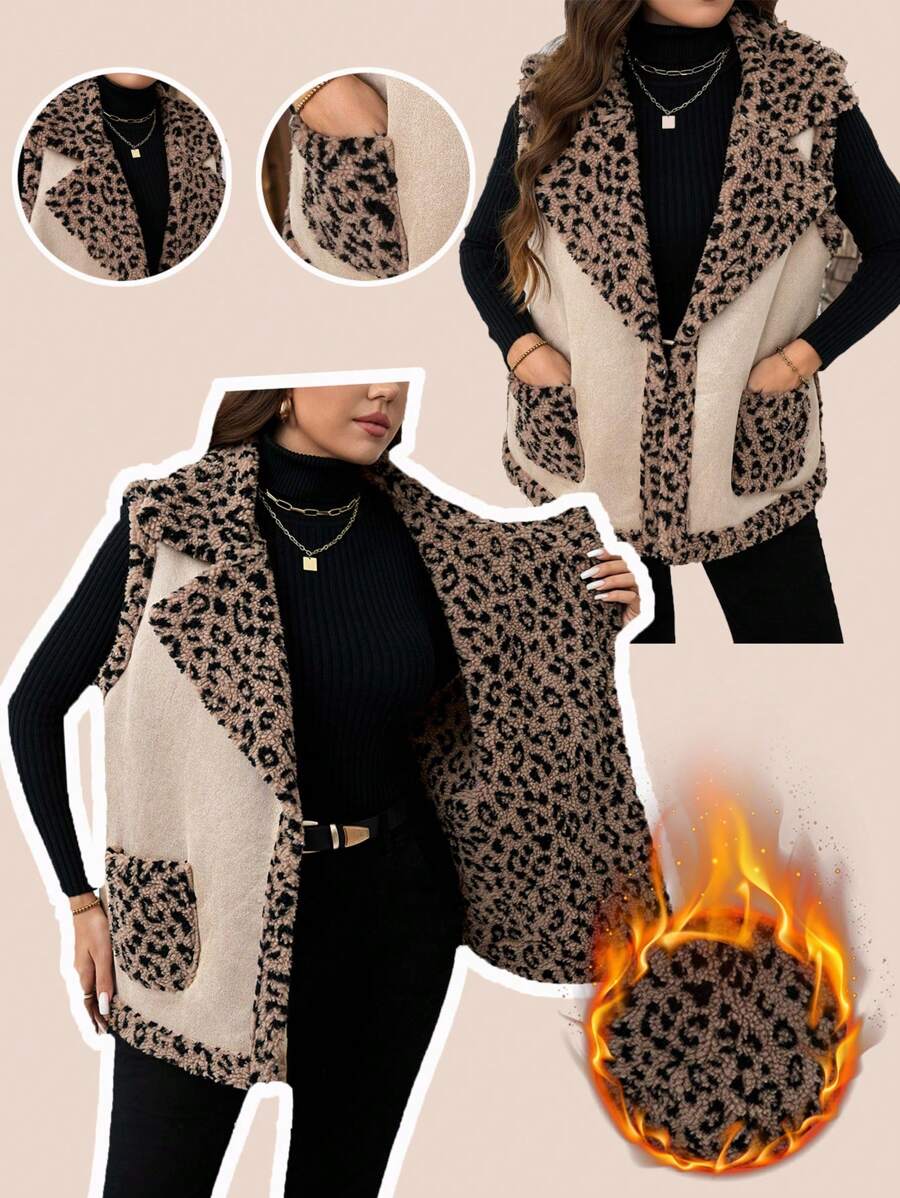 SHEIN LUNE 大码豹纹羊毛背心外套，秋冬，休闲日常穿着，老钱，感恩节装扮节日装扮保暖 - 彩色 - 查看 1