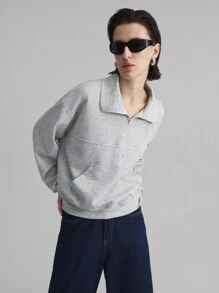 Ontre Women's Casual Solid Color Half-Zip Long Sleeve Sweatshirt, Versatile College Style, Suitable For All Seasons, Light Gray