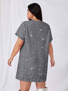 SHEIN ICON Vestido corto de manga corta con cuello redondo y lentejuelas, de moda para tallas grandes, de verano