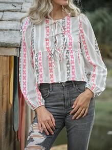 LanaWest Women's Casual Striped Pattern Tie-Front Bow Design Blouse, Autumn/Winter Peplum Top - Multicolor - View 4