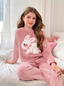 SHEIN Leap Crew Tween Girls' Cute Rabbit Embroidery Crew Neck Long Sleeve Pajama Set With Soft Plush Lining, 2pcs, For Autumn/Winter