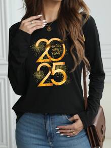 SHEIN LUNE 修身春秋长袖T恤女款2025新年礼物，迎接2025跨年，派对休闲长袖印花圆领T恤，女款图案T恤女款春季上衣