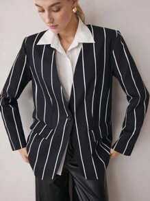 BizChic Women's Casual Commute Striped Print Blazer - Black - View 1