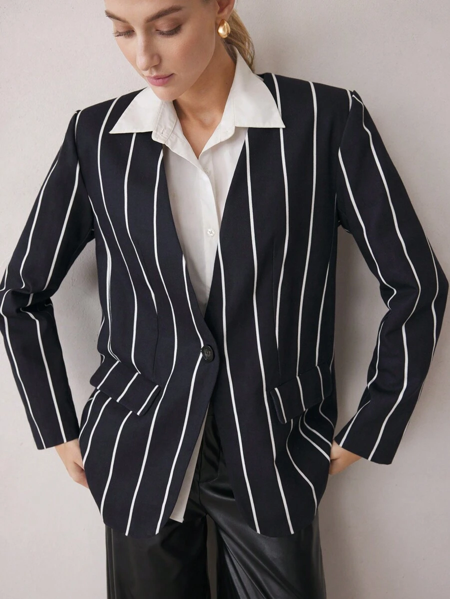 BizChic Women's Casual Commute Striped Print Blazer - Black - View 1