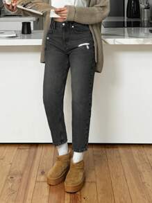 EURMUSE Jeans casuales y versátiles de cintura alta, rasgados y de unicolor con bolsillos para mujeres - Gris Oscuro - Ver 4
