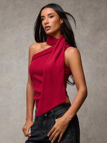 SHEIN BAE Elegante rode asymmetrische halslijn lint wollen top voor dames, feestkleding voor dames, nieuwjaarstop, feestkleding voor dames