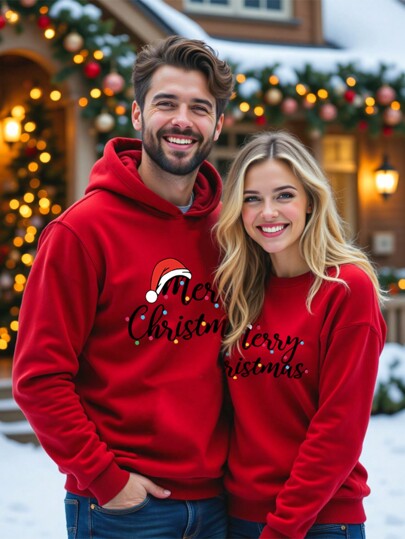 Manfinity Homme 1 pieza Sudadera con capucha de forro polar rojo vintage con ajuste regular para hombre, Navidad