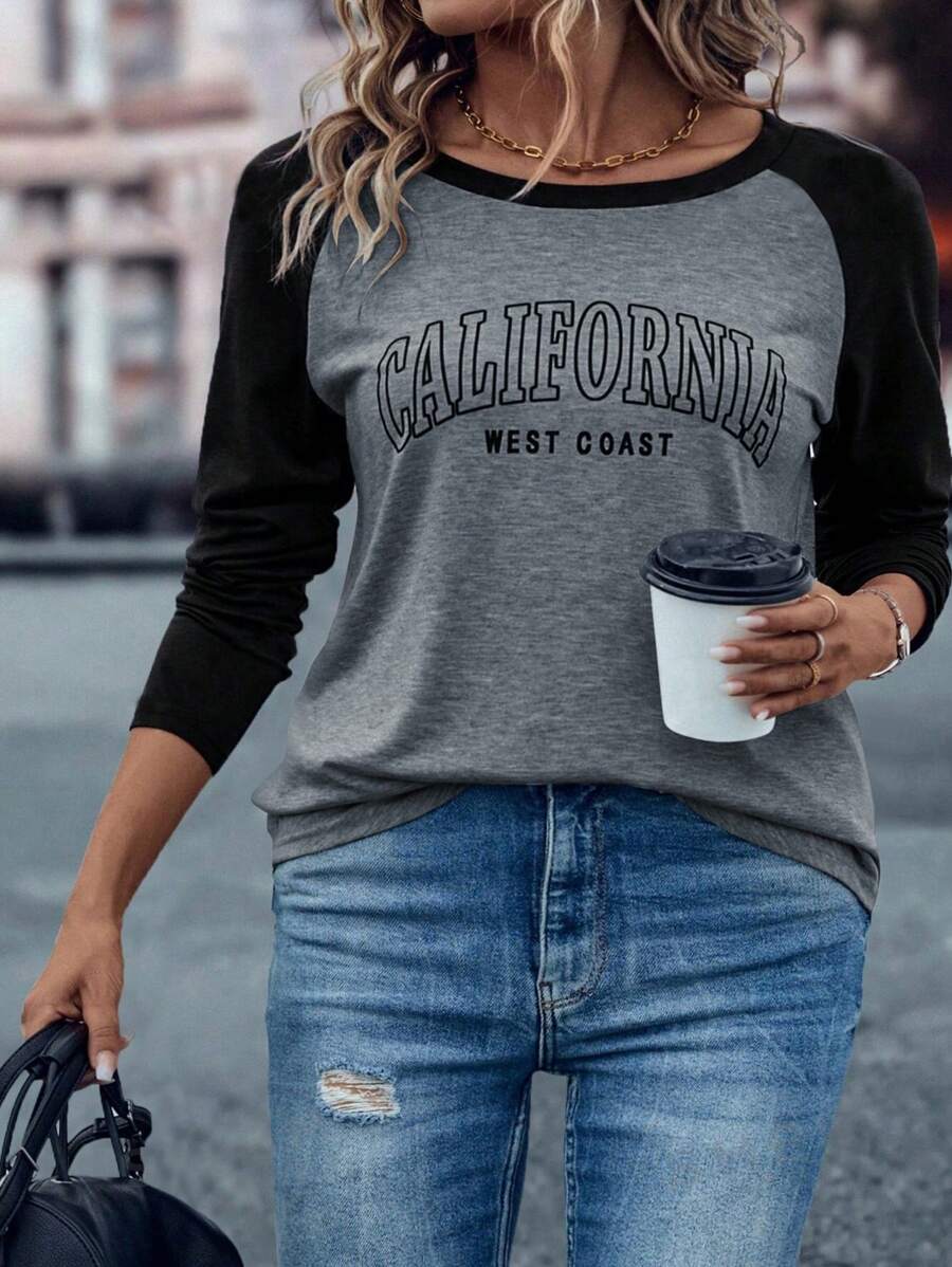EMERY ROSE Women Plus Size Letter Pattern Color Block Raglan Sleeve Casual T-Shirt, Autumn Graphic Tees Women Tops Fall Cloth For Women - Dark Grey - View 1