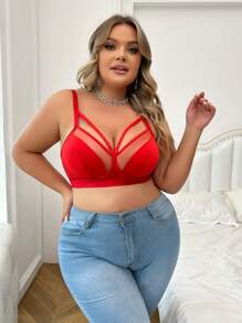 Plus Mesh Insert Cut Out Underwire Bra - Red - View 3