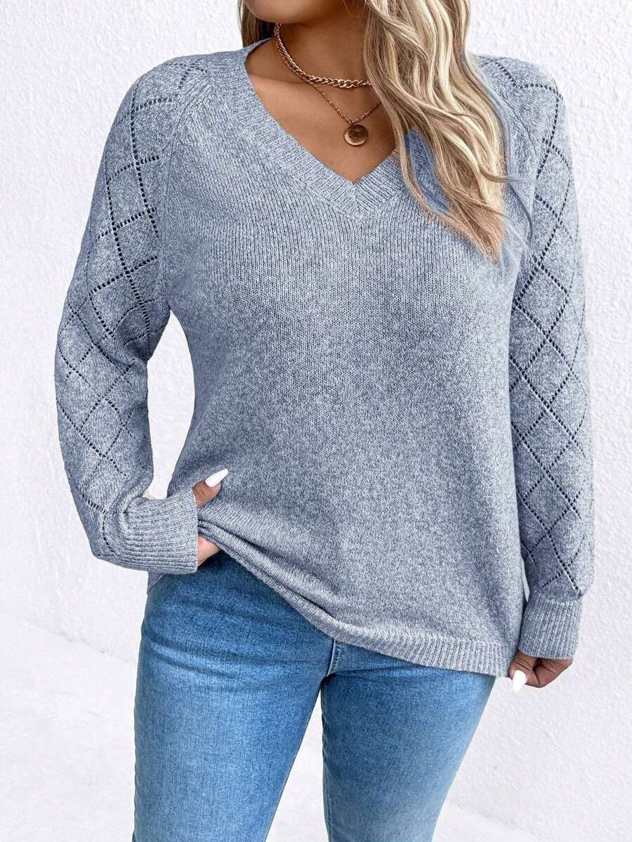 SHEIN LUNE 大码女式V领舒适长袖毛衣，针织套头衫，秋冬款