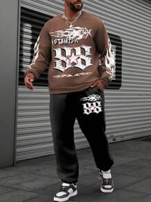 Manfinity LEGND Set de 2 piezas Talla grande Hombre Top de manga larga con cuello redondo con estampado de letras y Pantalones con cordón