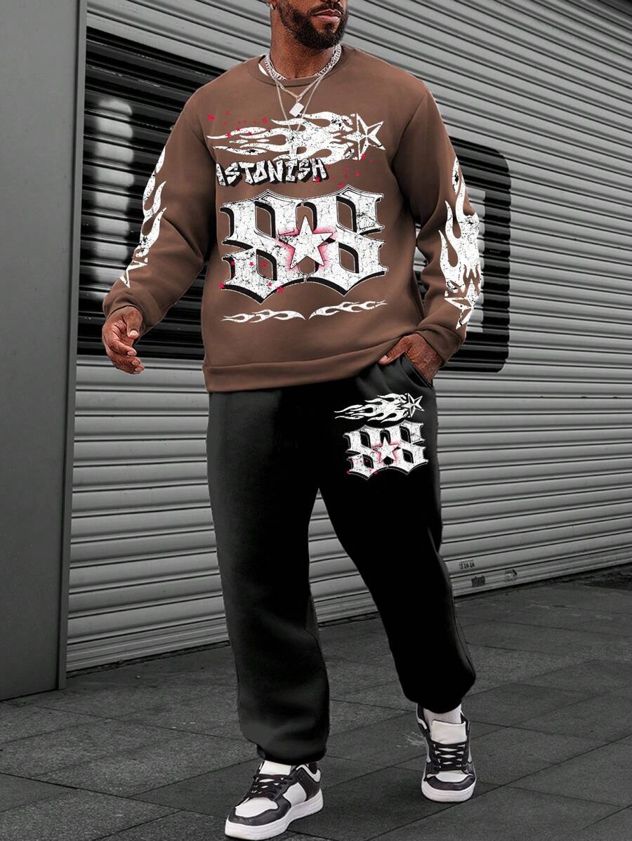 Manfinity LEGND Set de 2 piezas Talla grande Hombre Top de manga larga con cuello redondo con estampado de letras y Pantalones con cordón