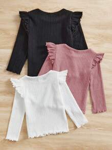 SHEIN Leap Crew 3pcs/Set Baby Girls Cute Knitted Waffle Top With Ruffle Trim Long Sleeve, Autumn/Winter - Multicolor - View 2