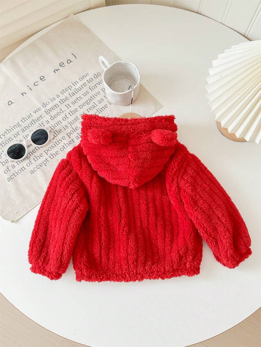 SHEIN Babygirl 秋冬百搭可爱熊耳朵连帽保暖夹克，长袖连帽外套 - 紅色 - 查看 1