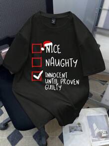 Manfinity EZcore 大码男士圣诞图案印花短袖休闲 T 恤，适合外出 - 黑色 - 查看 2