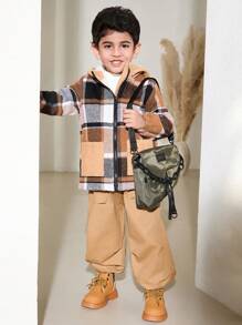 SHEIN Young Boy Plaid Print Hooded Zip-Up Pockets Casual Long Sleeve Jacket - Khaki - View 1
