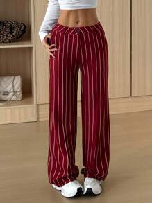 SHEIN EZwear Women Casual Striped Slant Pocket Business Pants, Spring & Autumn - Burgundy - View 4