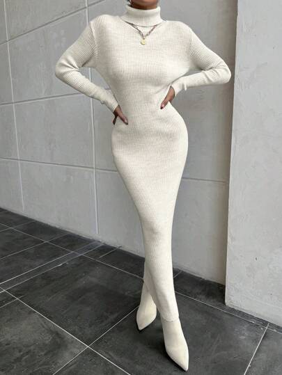 EURMUSE Women Solid Color Rib Knit Turtleneck Long Sweater Dress