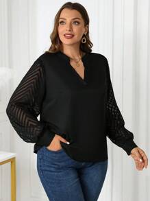 SHEIN Clasi Curvy Plus Size Women's Black Solid Color Notch Neck Textured Fabric Spliced ​​Long Sleeve Lantern Sleeve Elegant Blouse, Suitable For Spring, Autumn And Winter, Business Commuting Professional Shirt, Going Out, Christmas, New Years Women - Black - View 5