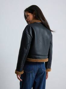 Aveloria Modichic New Autumn/Winter Women PU Leather Short Faux Shearling Thermal Lined Jacket, Women Leather Jacket Faux Leather Aviator Jacket With Borg Lining 