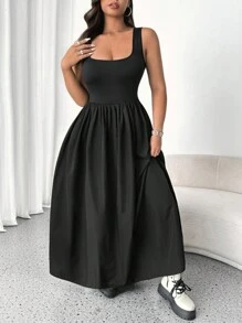 Flirla Đầm Maxi Không Tay Cổ Vuông Dệt Kim Size Lớn Cho Nữ Trang Phục Thường Ngày - màu đen - Xem 3