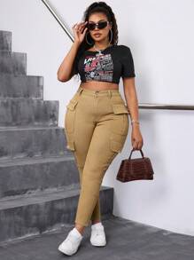 SHEIN SXY Plus Size Women's Stretchy Khaki Cargo Pocket Skinny Pants