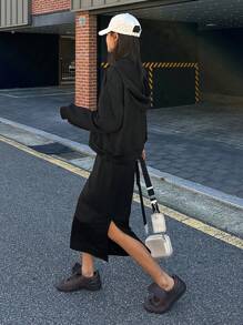DAZY 2pcs Women Solid Color Hoodie Dress Set,Fall Clothes Lounge Sets For Women - Black - View 7