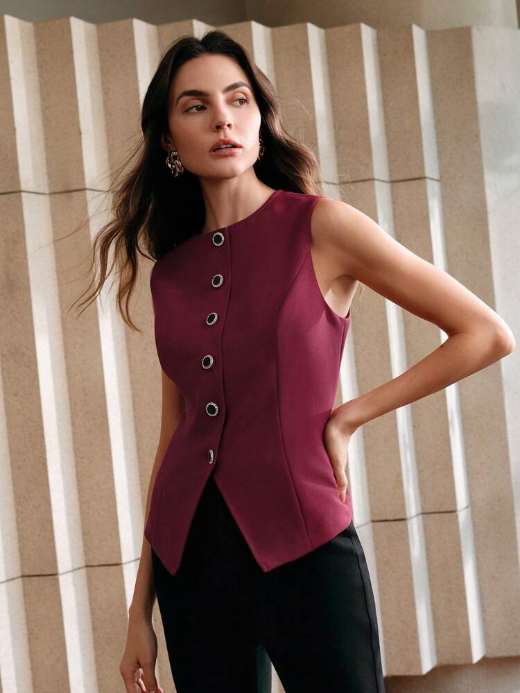 Women's Elegant Single-Breasted Round Neck Top, Suitable For Commuting For New Year Clothes Graphic Tees Women Tops