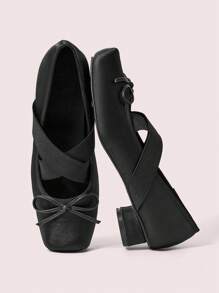 CUCCOO DOLLMOD 女士平底方头高跟玛丽珍鞋，圆柱形鞋跟交叉带经典复古风格情人节 - 黑色 - 查看 2