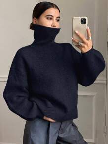 DAZY 女士宽松休闲纯色针织毛衣，秋季新品 - 藏蓝色 - 查看 2
