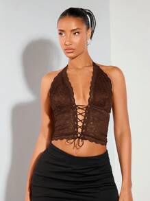 SHEIN BAE Sexy Lace Halter Crop Top , Country Concert Rave Festival Summer