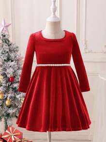 Young Girl 1pc Fashion & Cute Square Neck Flared Velvet Dress, A-Line Dress, Elegant Long Sleeve Cake Dress, For Birthday Party, Vacation, Great For Casual & Daily Wear & School Daily In Autumn & Winter, For Kid Christmas, Mom And Daughter Matching,Sister And Me Matching.
