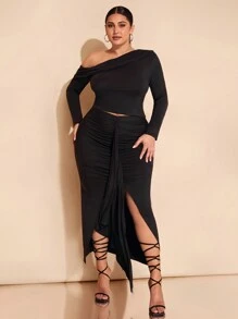 SHEIN BAE Conjunto de 2 piezas para mujer de talla grande con parte superior hombros descubiertos y falda con volante y abertura, adecuado para salir, citas, festivales, otoño e invierno, Navidad, Acción de Gracias, parte superior, conjunto de 2 piezas para mujer, curvas, ropa de otoño, conjuntos de co-ords para mujer, coords, conjuntos de 2 piezas, parte superior asimétrica hombros descubiertos, Bottom