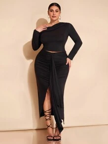 SHEIN BAE Conjunto de 2 piezas para mujer de talla grande con parte superior hombros descubiertos y falda con volante y abertura, adecuado para salir, citas, festivales, otoño e invierno, Navidad, Acción de Gracias, parte superior, conjunto de 2 piezas para mujer, curvas, ropa de otoño, conjuntos de co-ords para mujer, coords, conjuntos de 2 piezas, parte superior asimétrica hombros descubiertos, Bottom