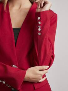 SHEIN Clasi Áo khoác vest nữ thanh lịch dài tay màu đỏ cổ chữ V thắt eo vào mùa đông, được trang trí bằng nút kim cương sáng, phù hợp cho các bữa tiệc và nhiều dịp khác - Đỏ - Xem 4