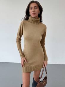 Aloruh New High Collar Comfortable Warm Underlayer Versatile Coffee Color Knit Short Bodycon Sweater Dress - Camel - View 7