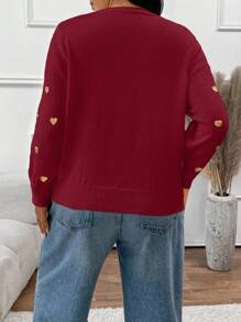 SHEIN Frenchy Suéter holgado con escote en V y corazón con lentejuelas, color dorado, para invierno, talla grande - Burdeos - Ver 2