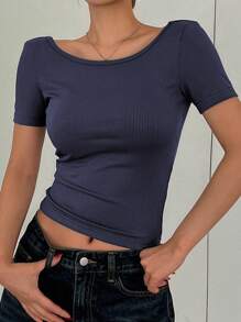 DAZY 女士休闲纯色短袖修身 T 恤，露背上衣短款女式上衣