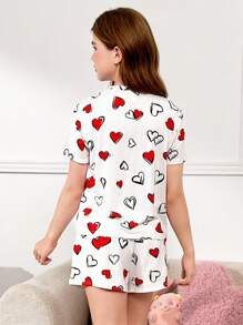 SHEIN Leap Crew 2pcs Tween Girls Casual Heart Pattern Round Neck Short Sleeve T-Shirt & Shorts, Loose Soft Sleepwear Set - Multicolor - View 2